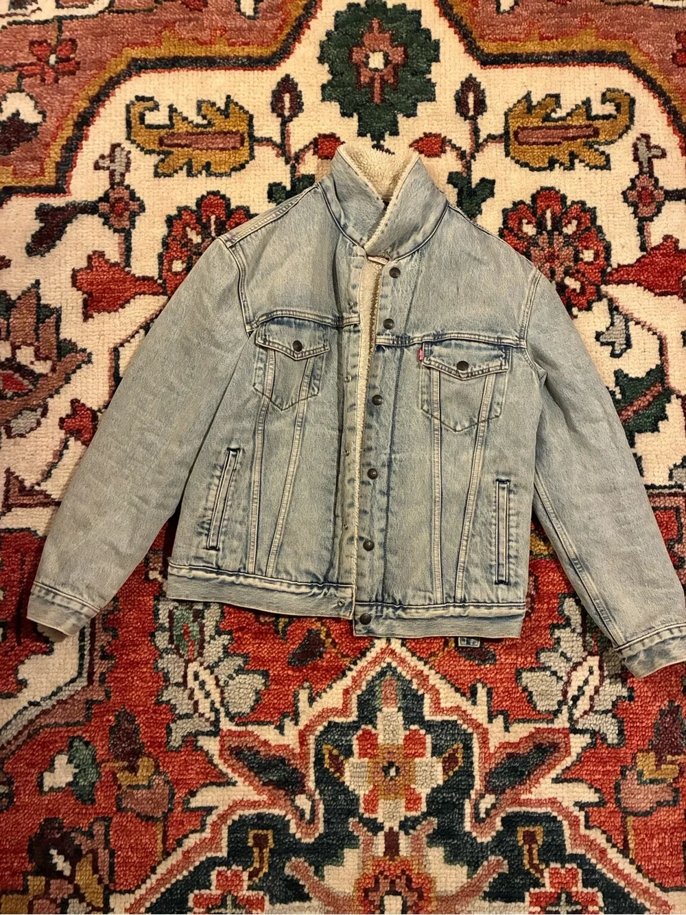 Levi's Cream Sherpa Jacket with Light Blue Denim Accents and Brown Leather Patch